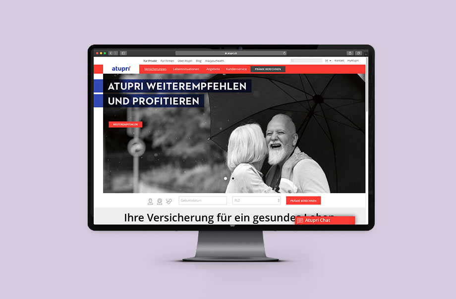 Auf einem Desktop ist die Landingpage von Atupri.ch abgebildet.