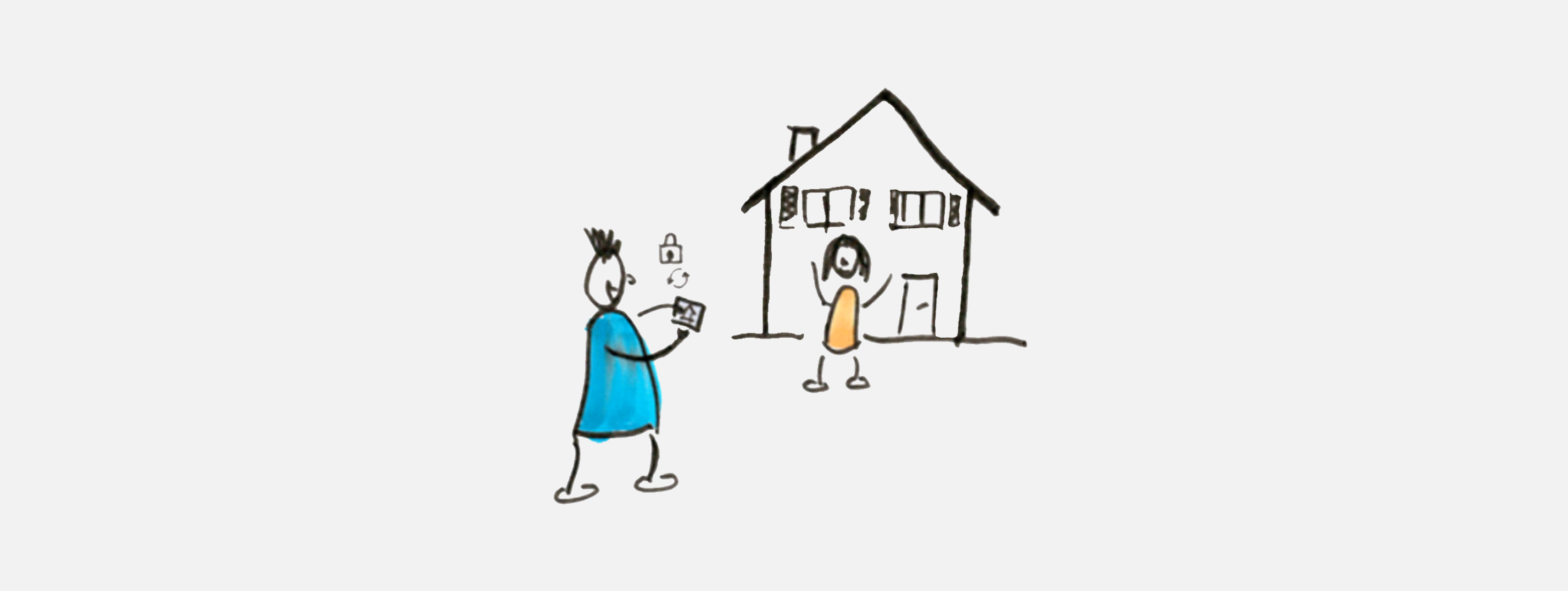 Illustration. Ein Mann fotografiert mit dem Smartphone ein Kind vor einem Einfamilienhaus. Beide Personen lachen und sind fröhlich.