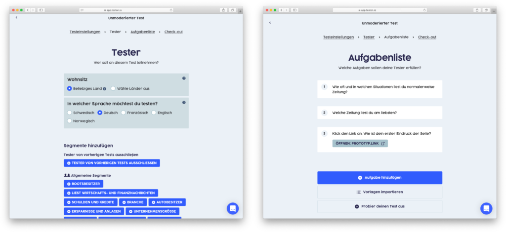 Ausschnitte des Teston-Portals: Die Tester Auswahl (rechts), die Aufgabenzusammenstellung (links)