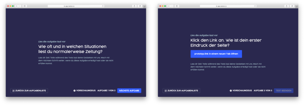 Ausschnitte der Nutzerführung beim Test von Teston.io: Einstiegsscreen (rechts), Nutzer Testanweisung (links)