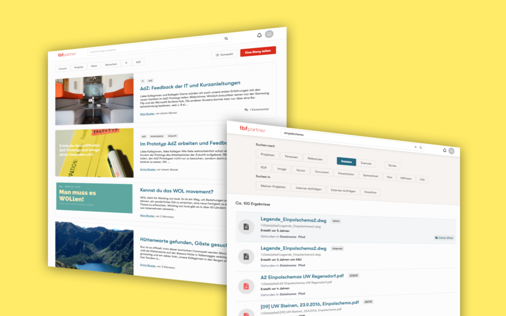 Ein modernes Intranet für TBF + Partner – Moderner Newsfeed und Suchresultatsseite