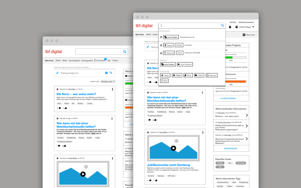 Wireframes des Newsfeed und der einfach zu bedienenden Suche