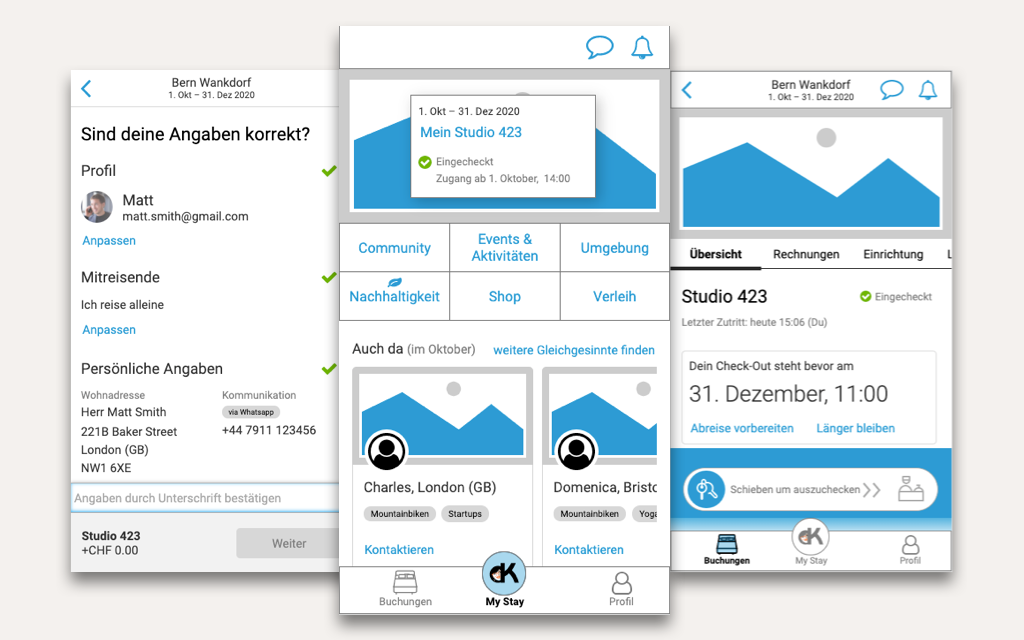 Wireframes des klickbaren Mid-Fi Prototyps der mobilen Hotel-App