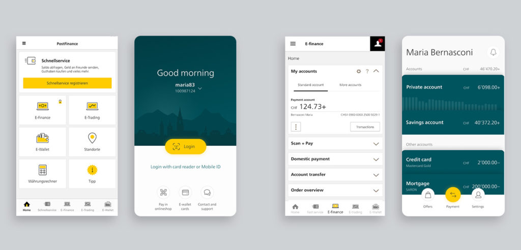 Vorher-Nachher Vergleich. Das App Design der neu veröffentlichten PostFinance App zeigt sich nicht nur in einem neuen Screen Design, sondern auch mit neuer Informations-Architektur. Links im Bild: Login-Screen alt–neu. Rechts im Bild: Home-Screen alt–neu. (Quelle der neuen Screens: made.ginetta.net)