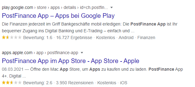 Screen Capture aus Google: Durchschnittliche Bewertungen des User Experience Designs im Google Play und Apple Store