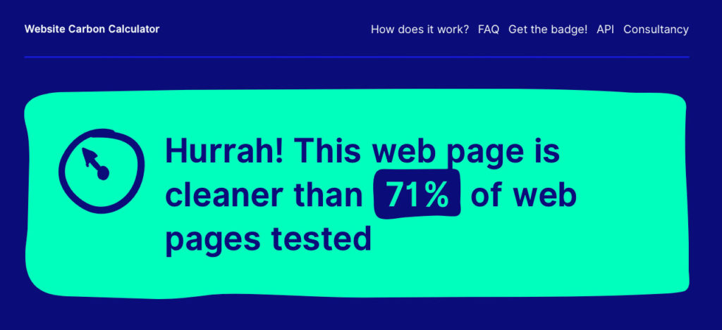 Screenshot of Website Carbon Calculator: Hurra! This web page is cleaner than 71% of web pages tested. 