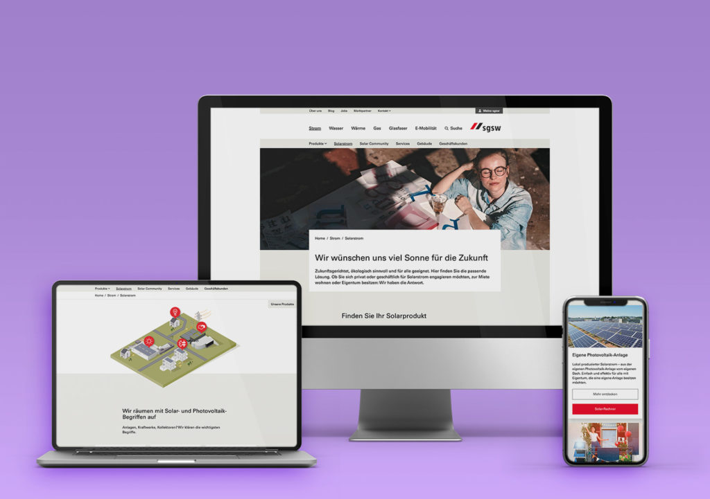 Das neue UI Design der sgsw Onlinewelt auf Desktop, Tablet und Mobile.