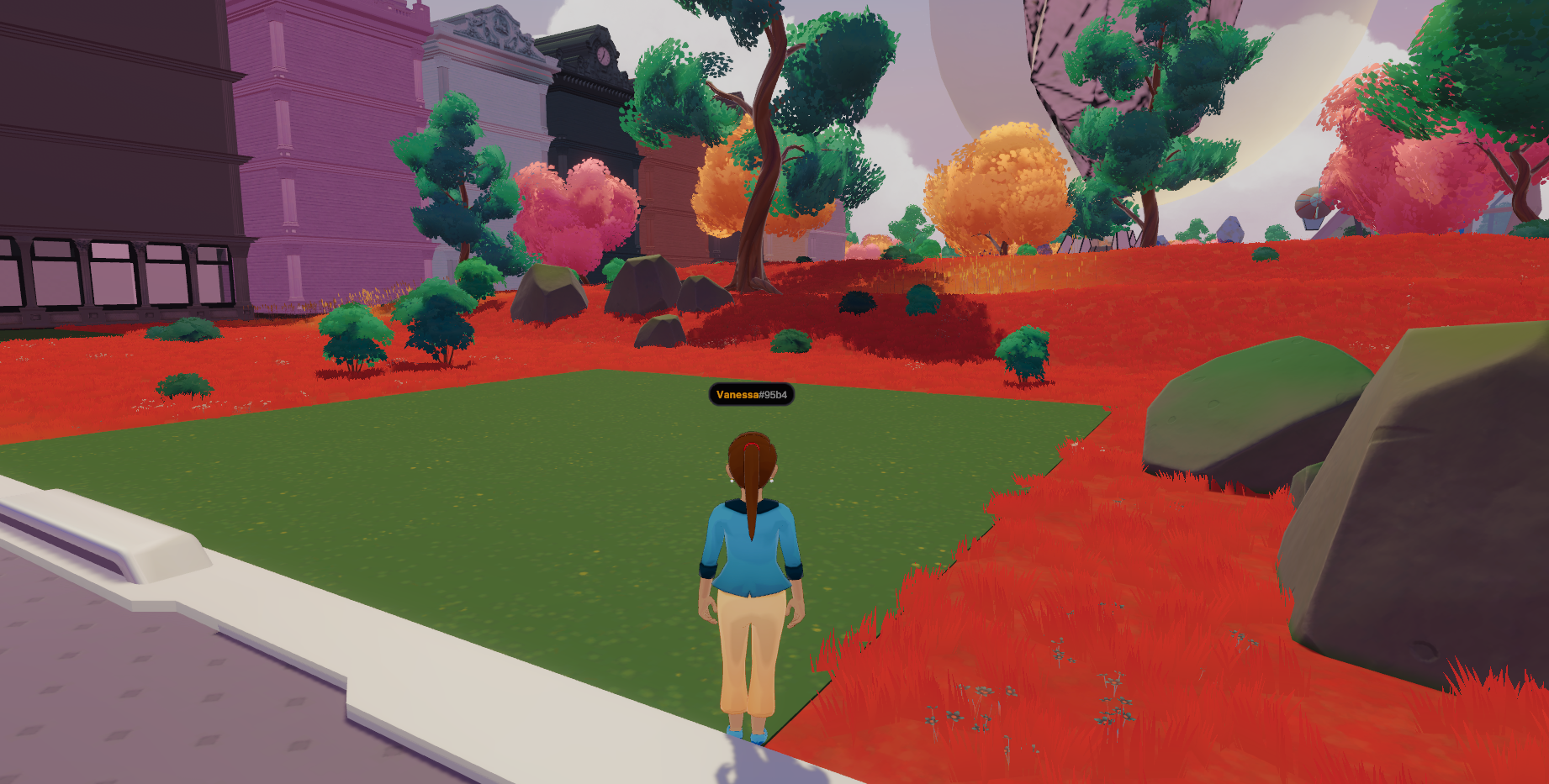 Avatar im Metaverse "Decentraland" vor dem leeren Grundstück wo früher die J.P. Morgan Bankfiliale stand.