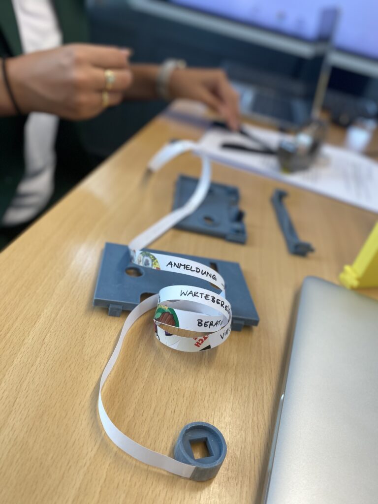 Das duftende Band beschriftet mit den verschiedenen Bereichen einer Bankfiliale.