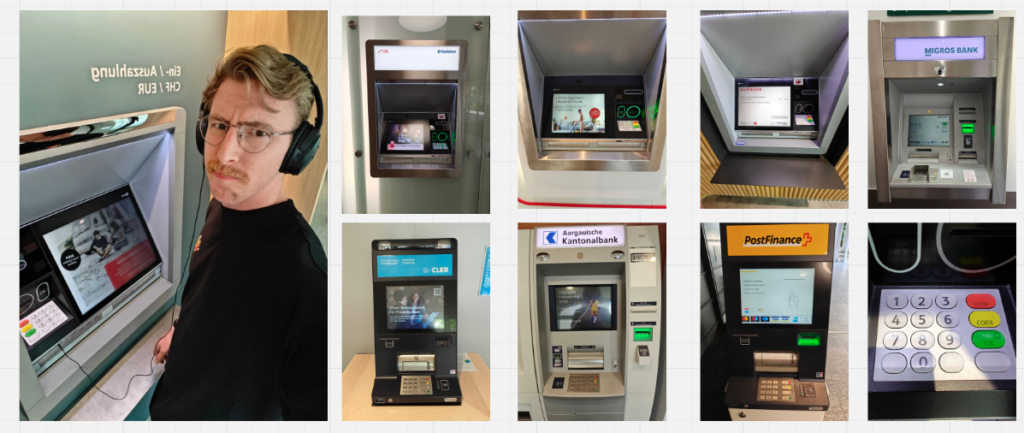 Bildcollage: auf dem Bild links ist ein Mensch zu sehen, der Kopfhörer trägt, vor einem Bankomat steht und einen unzufriedenen Gesichtsausdruck hat. Auf den weiteren Bildern der Collage sind Teile verschiedener Bankomaten zu sehen wie Nummernblock-Tasten und Bildschirme.